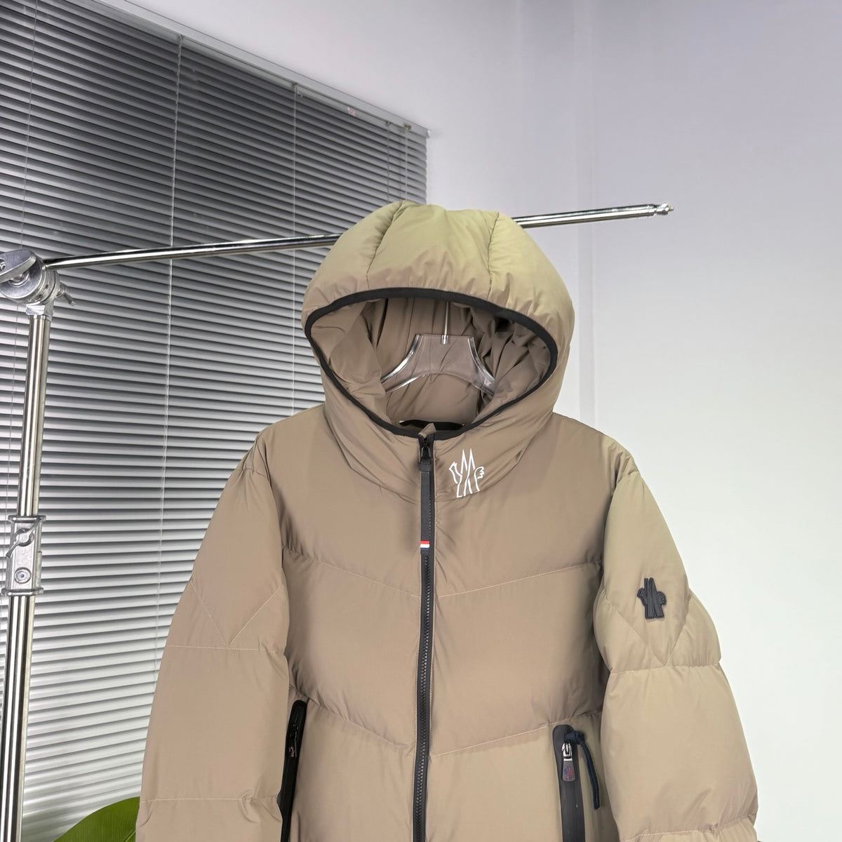 Moncler Grenoble Men's Camel Beige Hooded Down Jacket – Technical Ski Chevron-Baffle Puffer