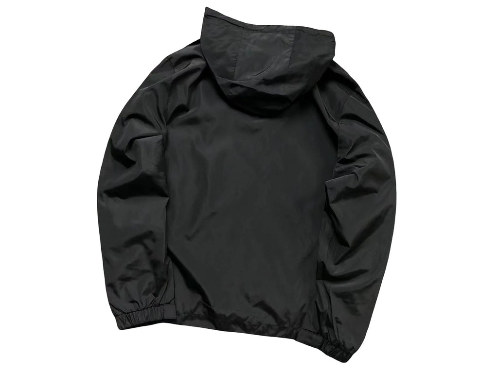 Moncler Grenoble Men's Black Day-Namic Hooded Windbreaker Jacket – Lightweight Nylon Shell with Geometric Knit Side Stripe Trim