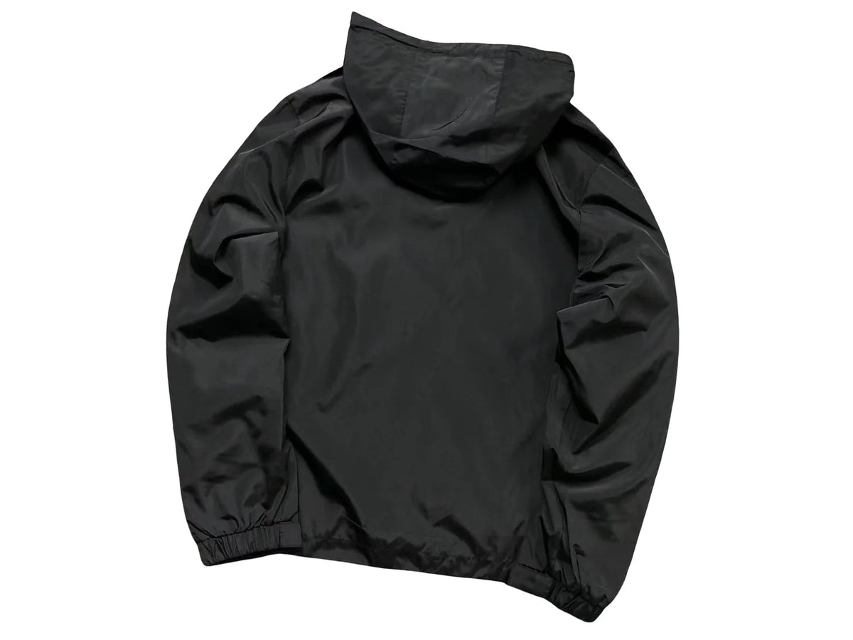 Moncler Grenoble Men's Black Day-Namic Hooded Windbreaker Jacket – Lightweight Nylon Shell with Geometric Knit Side Stripe Trim