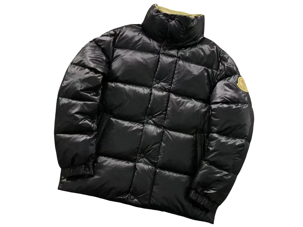 Moncler Men's Black High-Neck Down Jacket – Oversized Gold Badge Diamond Quilted Puffer