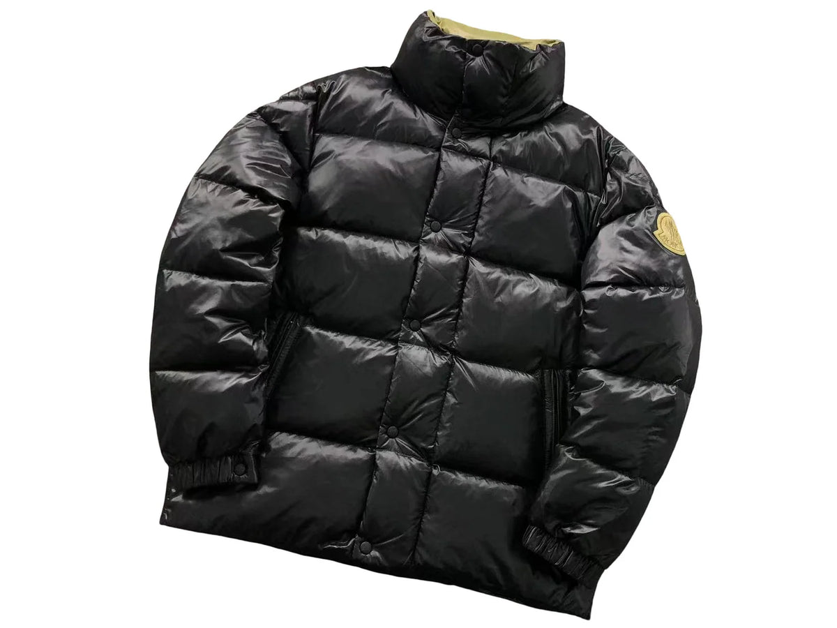 Moncler Men's Black High-Neck Down Jacket – Oversized Gold Badge Diamond Quilted Puffer