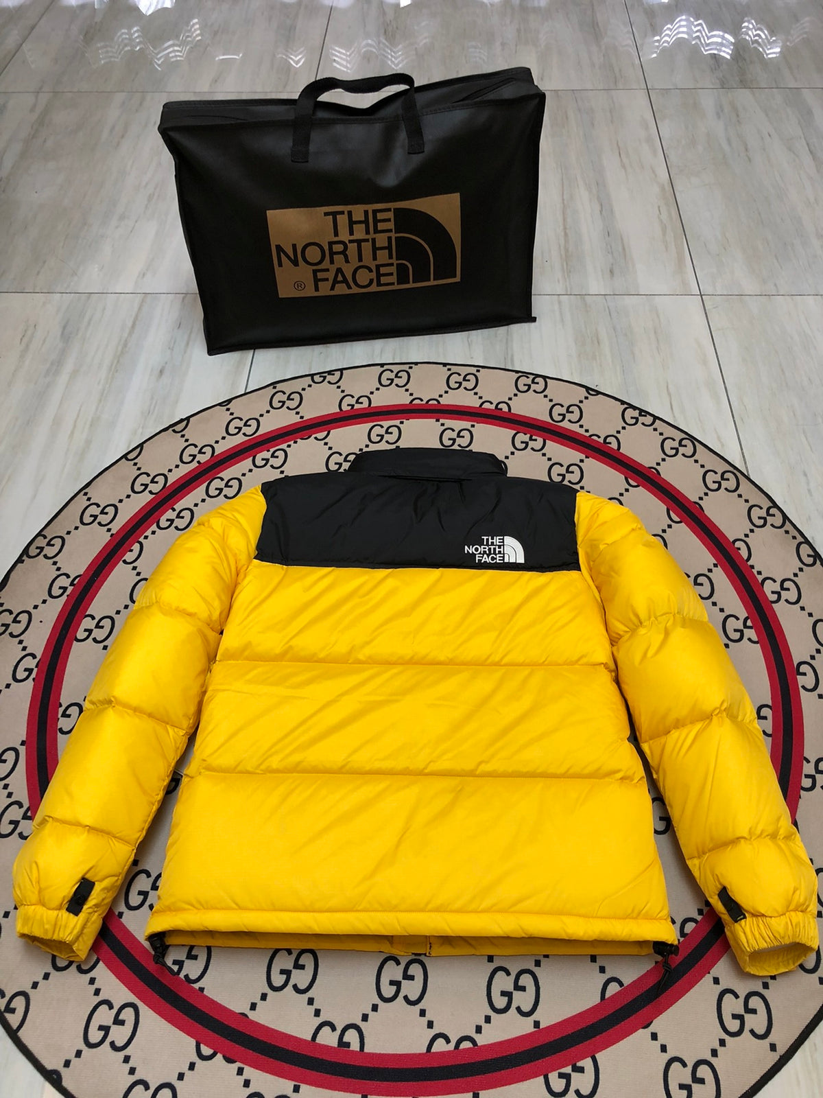 The North Face Men's Summit Gold Yellow 700-Fill Nuptse Down Jacket – Contrast Black Collar Classic Wide-Baffle Puffer