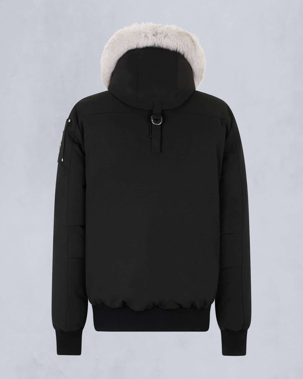 Moose Knuckles Women's Black White Fur Hood Bomber Jacket – Silver Zip Contrast Fur Studded Puffer