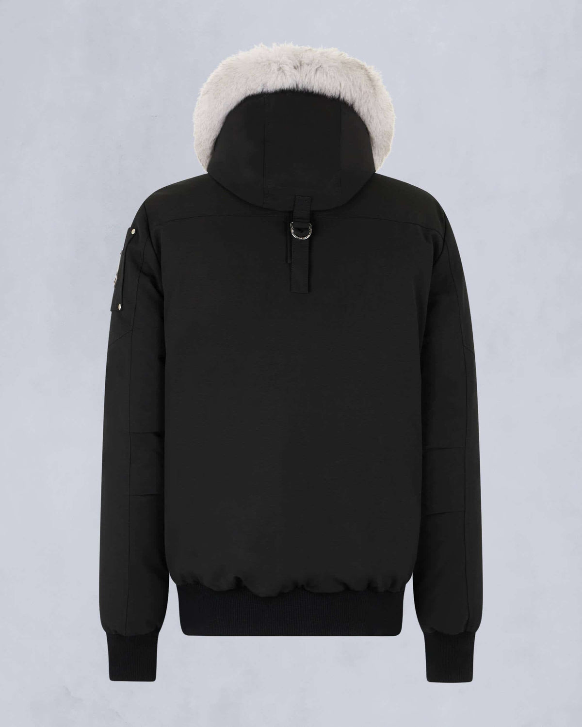 Moose Knuckles Women's Black White Fur Hood Bomber Jacket – Silver Zip Contrast Fur Studded Puffer