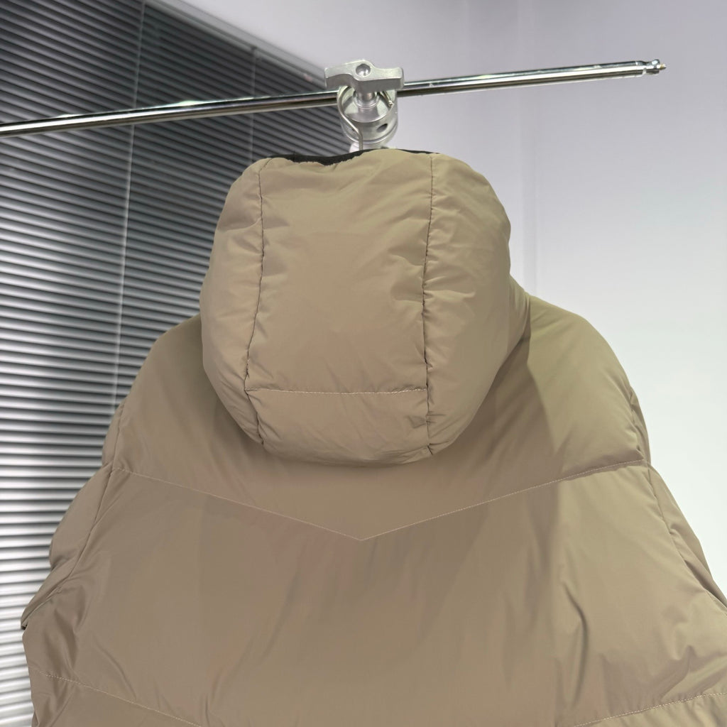 Moncler Grenoble Men's Camel Beige Hooded Down Jacket – Technical Ski Chevron-Baffle Puffer