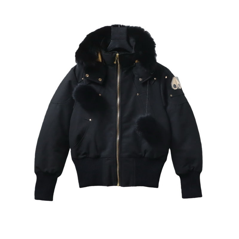 Moose Knuckles Women's Black Fur Hood Bomber Jacket – Gold Zip Fur Pocket Studded Puffer