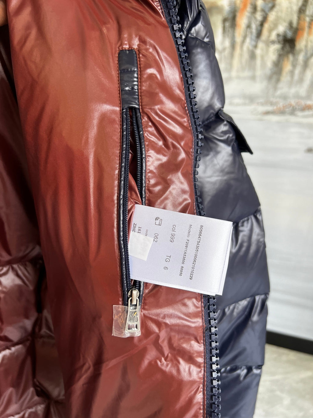 Moncler Women's Navy & Rust Two-Tone Maya Short Down Jacket – Glossy Nylon Colorblock Hooded Puffer Coat with Logo Badge
