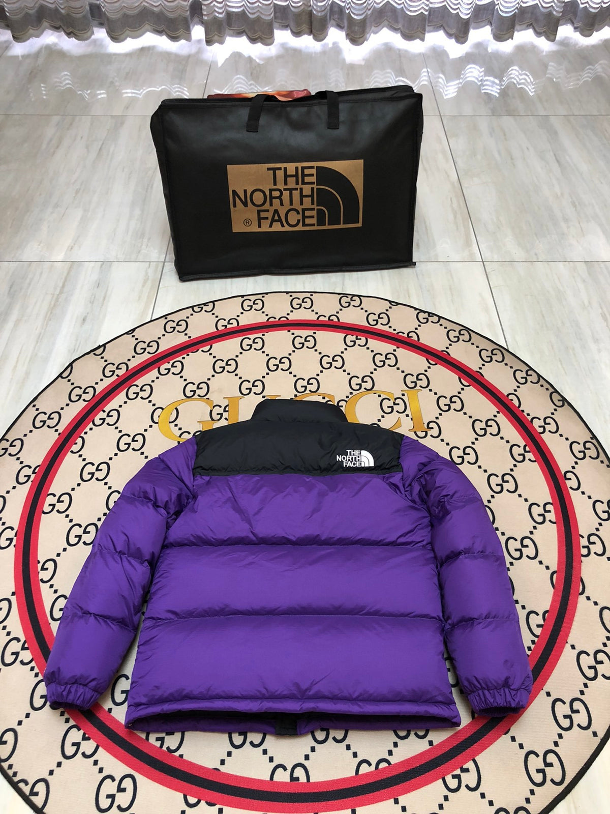 The North Face Men's Royal Purple 700-Fill Nuptse Down Jacket – Contrast Black Collar Classic Wide-Baffle Puffer
