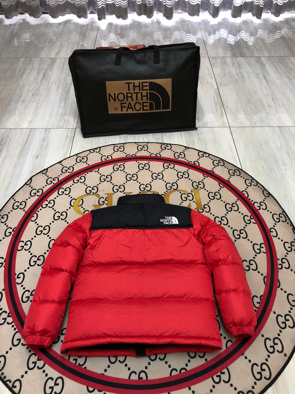 The North Face Men's Fiery Red 700-Fill Nuptse Down Jacket – Contrast Black Collar Classic Wide-Baffle Puffer