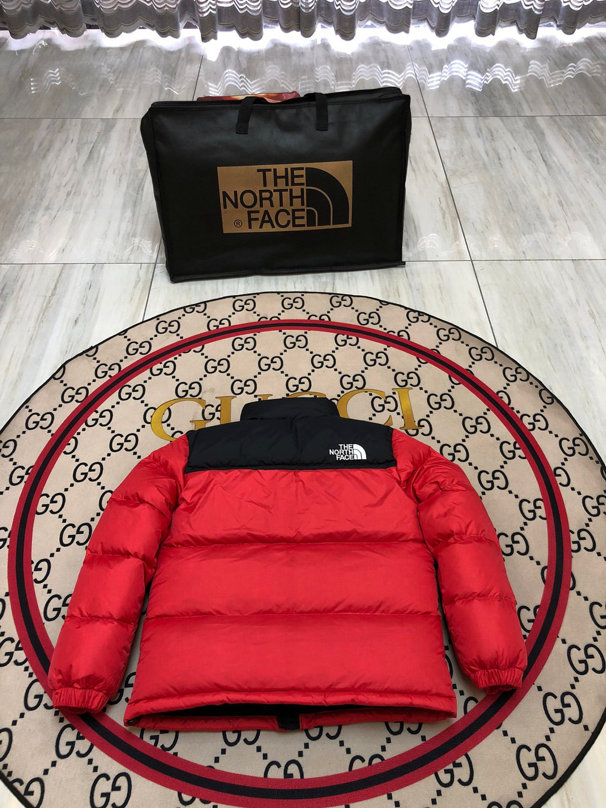 The North Face Men's Fiery Red 700-Fill Nuptse Down Jacket – Contrast Black Collar Classic Wide-Baffle Puffer