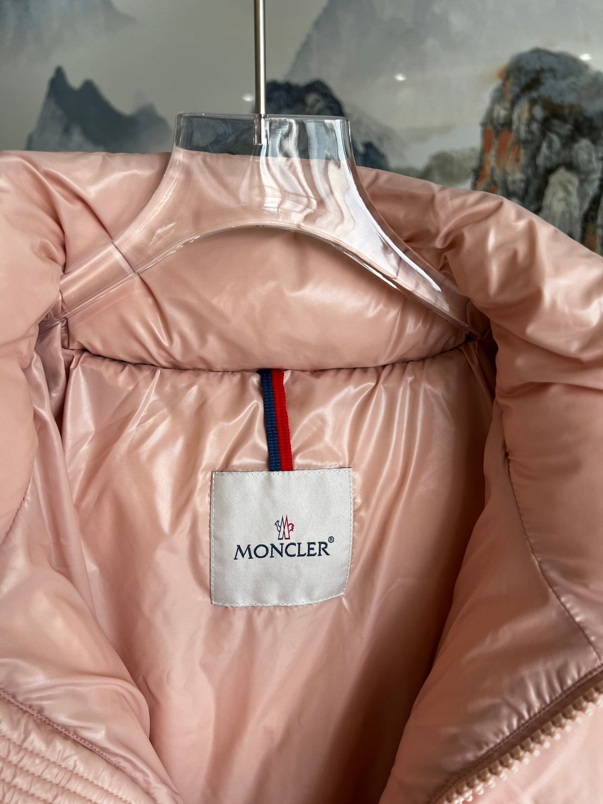 Moncler Women's Blush Pink Maya Short Down Jacket – Glossy Nylon Hooded Puffer Coat with Signature Logo Badge