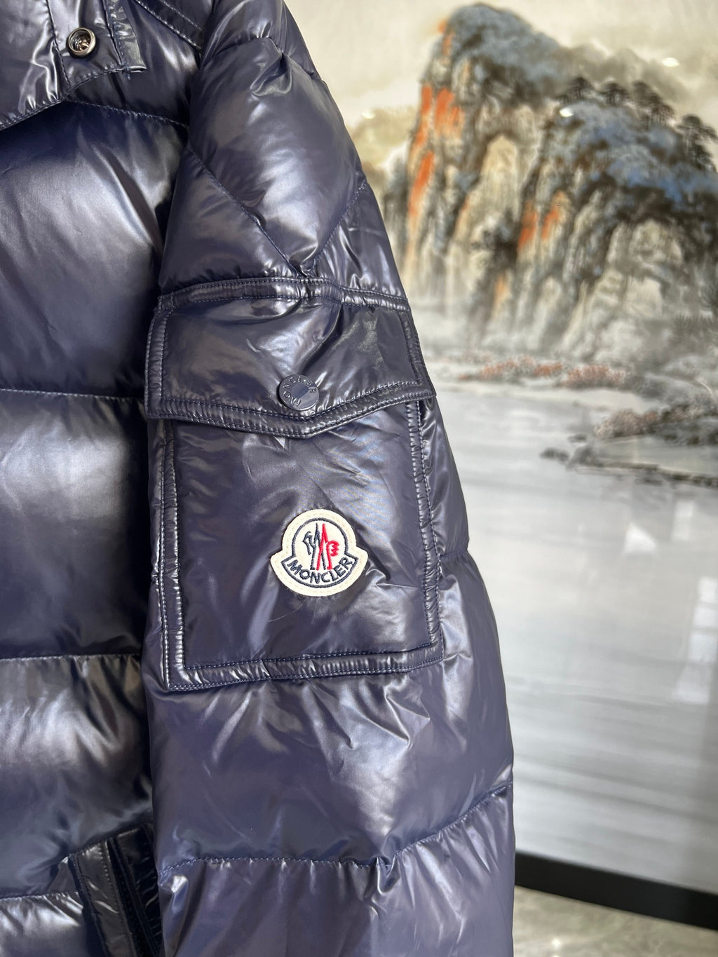 Moncler Women's Navy & Rust Two-Tone Maya Short Down Jacket – Glossy Nylon Colorblock Hooded Puffer Coat with Logo Badge