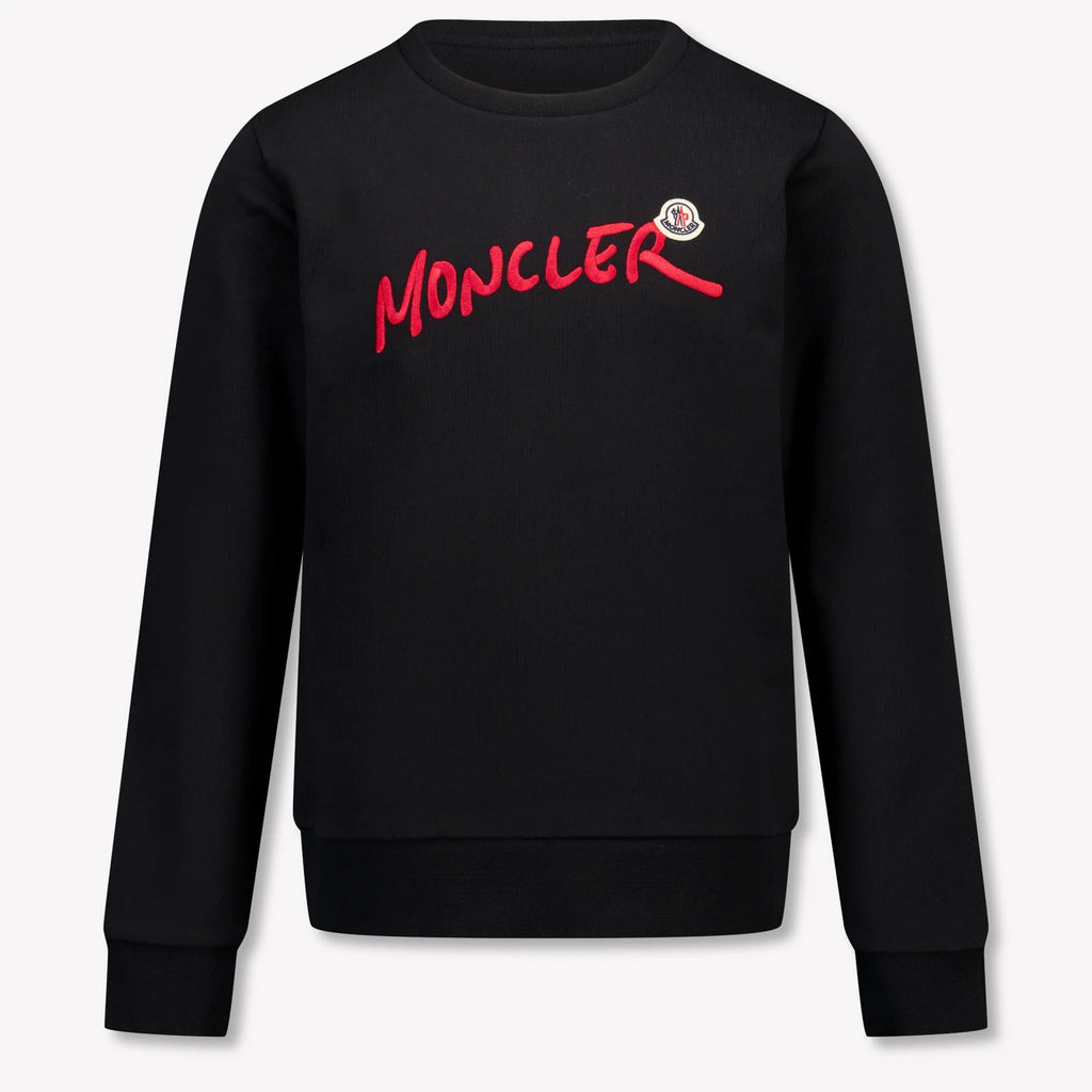 Moncler Men's Black Graffiti Logo Crewneck Sweatshirt – Premium Cotton Fleece Pullover with Oversized Red Script Embroidery Badge
