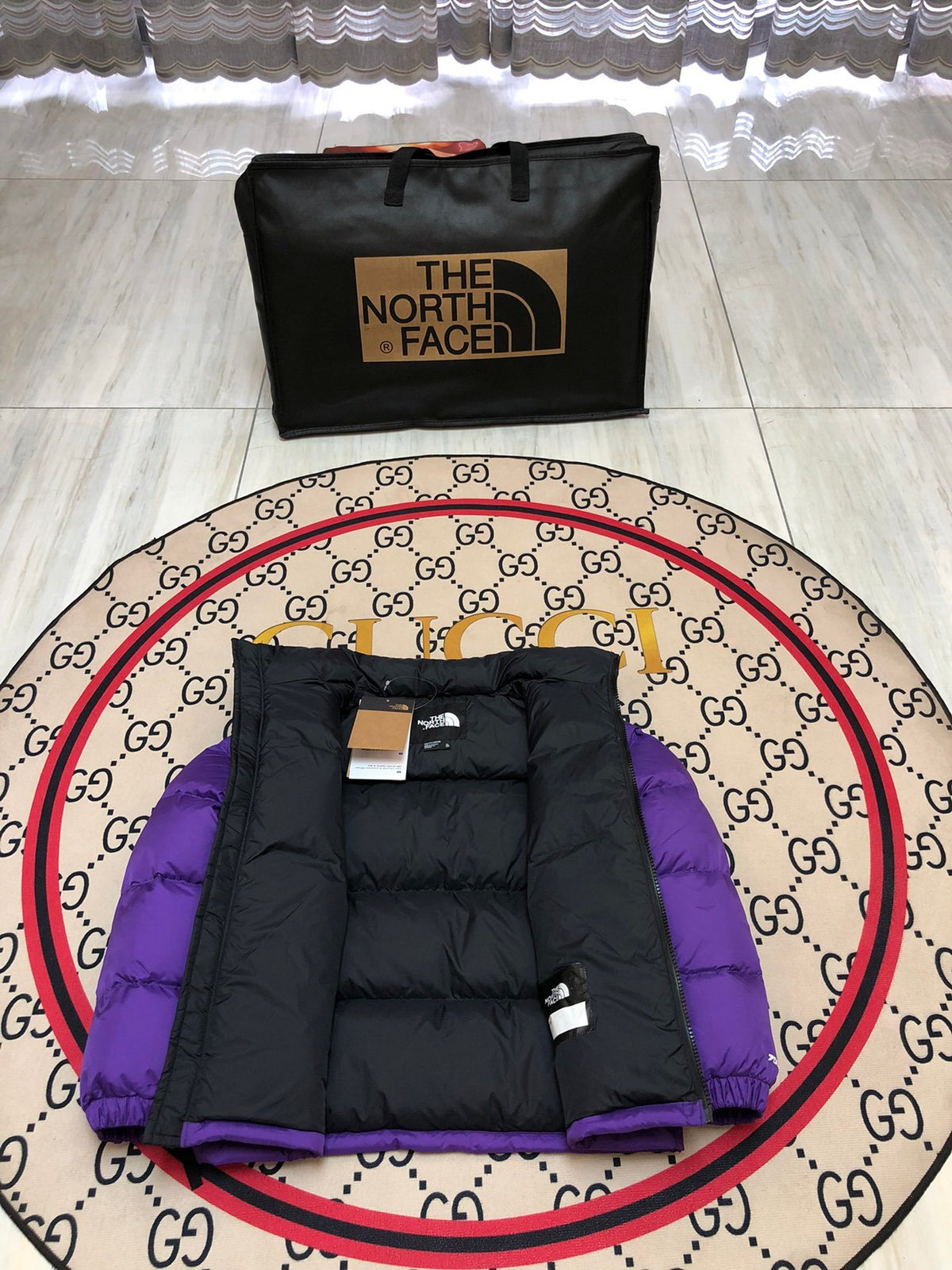 The North Face Men's Royal Purple 700-Fill Nuptse Down Jacket – Contrast Black Collar Classic Wide-Baffle Puffer