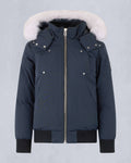 Moose Knuckles Women's Navy Blue White Fur Hood Bomber Jacket – Silver Metal Badge Rivet Studded Puffer