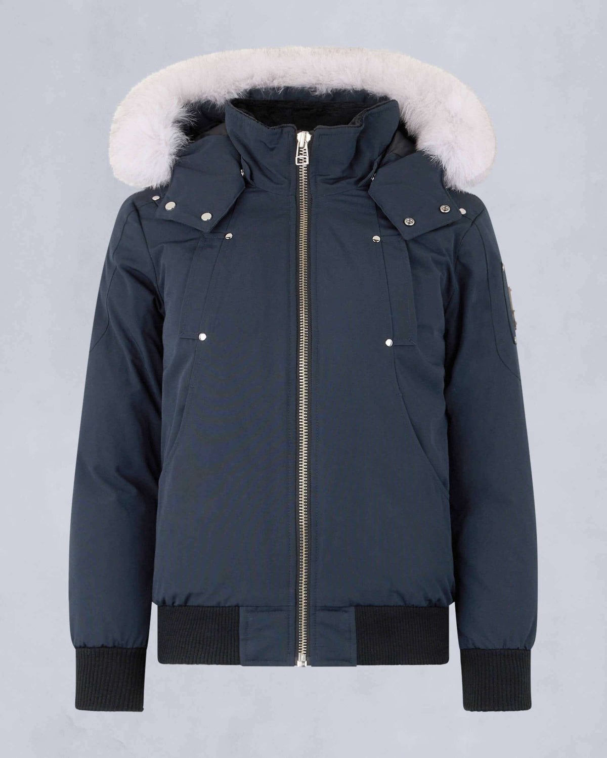 Moose Knuckles Women's Navy Blue White Fur Hood Bomber Jacket – Silver Metal Badge Rivet Studded Puffer