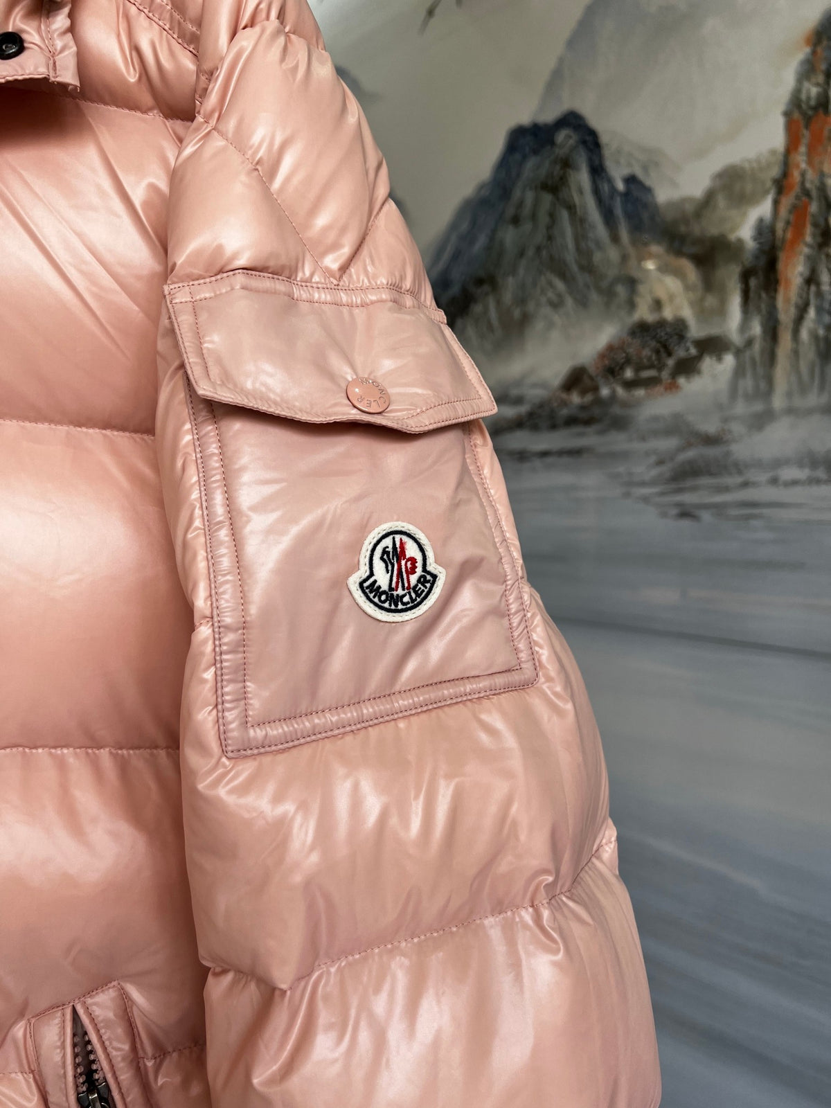 Moncler Women's Blush Pink Maya Short Down Jacket – Glossy Nylon Hooded Puffer Coat with Signature Logo Badge