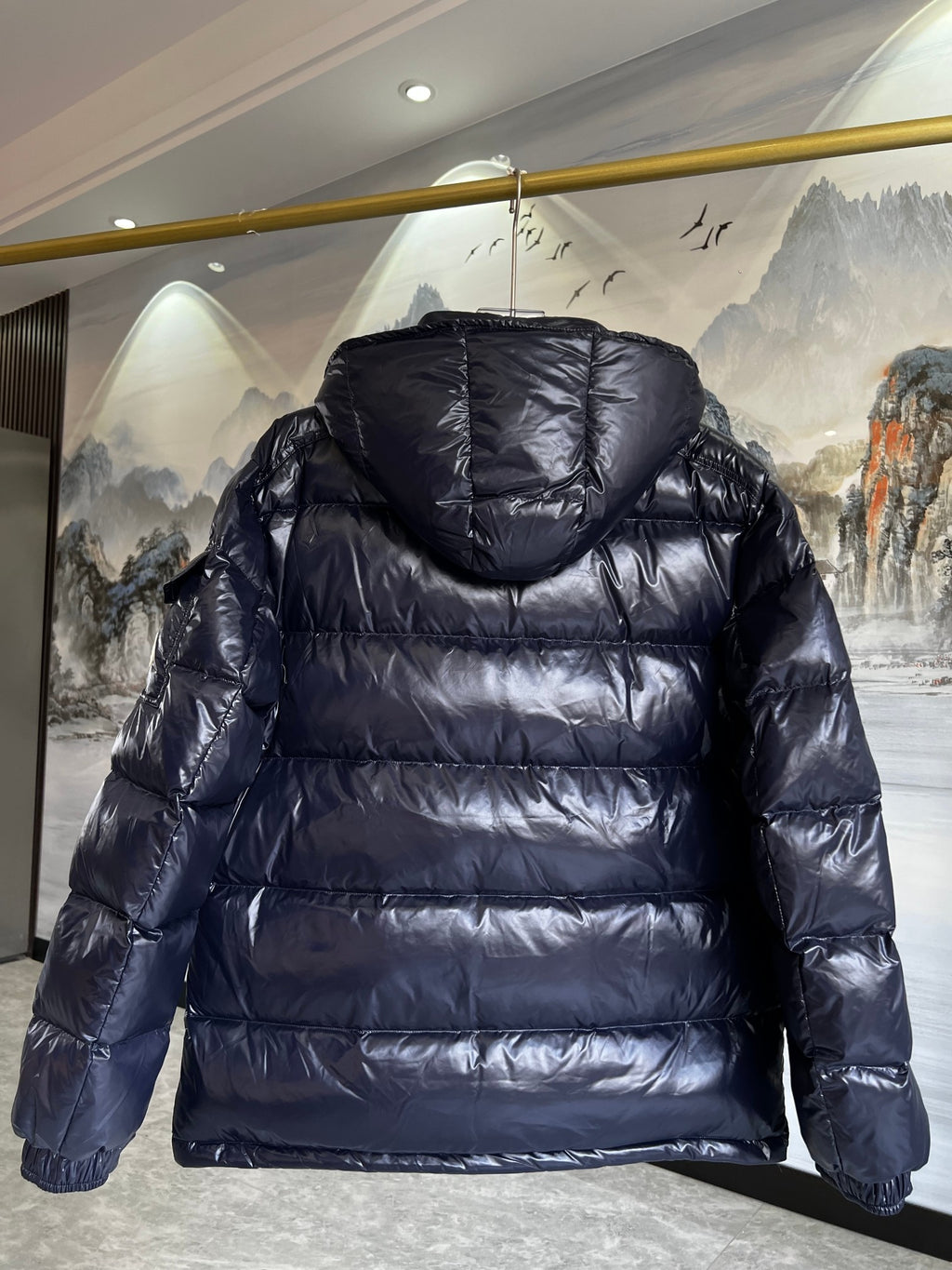 Moncler Women's Navy & Rust Two-Tone Maya Short Down Jacket – Glossy Nylon Colorblock Hooded Puffer Coat with Logo Badge