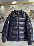 Moncler Women's Navy & Rust Two-Tone Maya Short Down Jacket – Glossy Nylon Colorblock Hooded Puffer Coat with Logo Badge