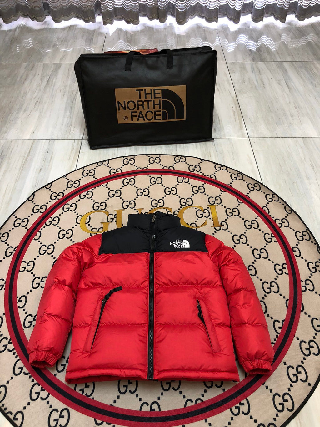 The North Face Men's Fiery Red 700-Fill Nuptse Down Jacket – Contrast Black Collar Classic Wide-Baffle Puffer