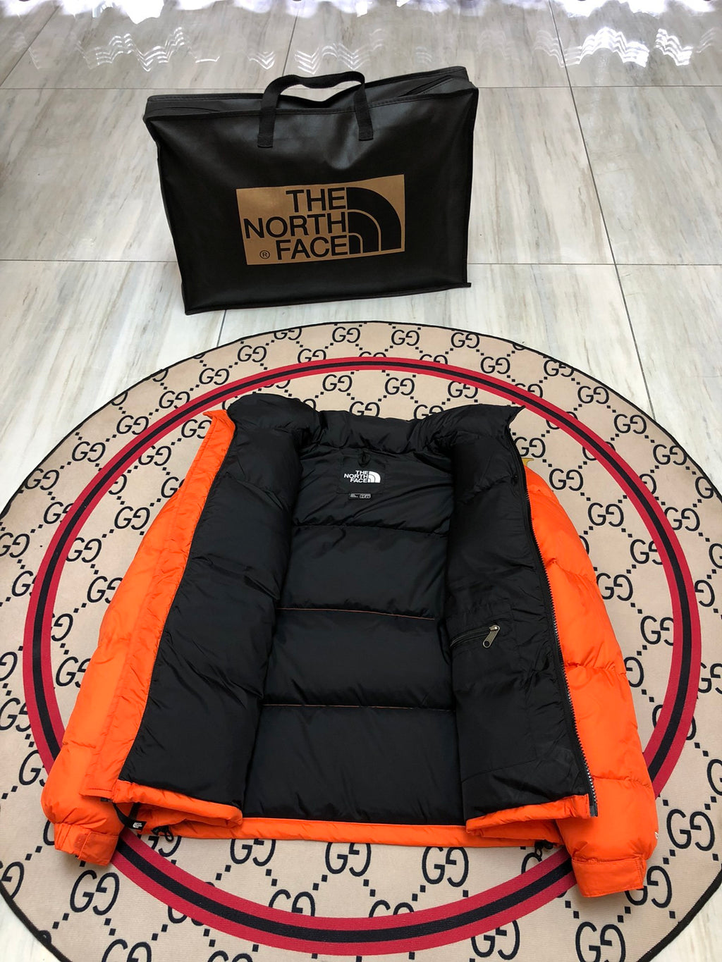 The North Face Men's Flame Orange 700-Fill Nuptse Down Jacket – Contrast Black Collar Classic Wide-Baffle Puffer