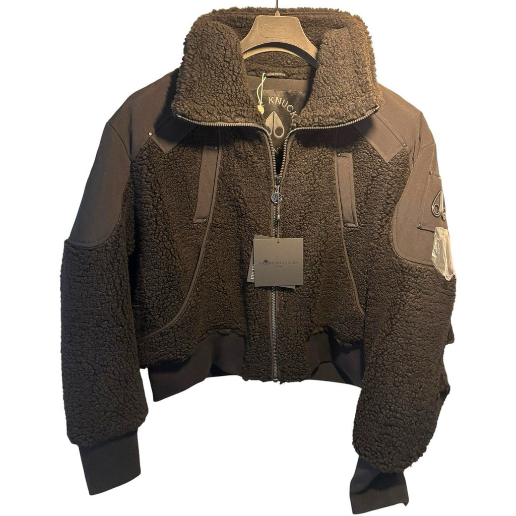 Moose Knuckles Women's Dark Brown Nellis Cropped Sherpa Bomber Jacket – Luxury Bouclé Fleece & Nylon Hybrid with Metal Logo Badge Multi-Pocket