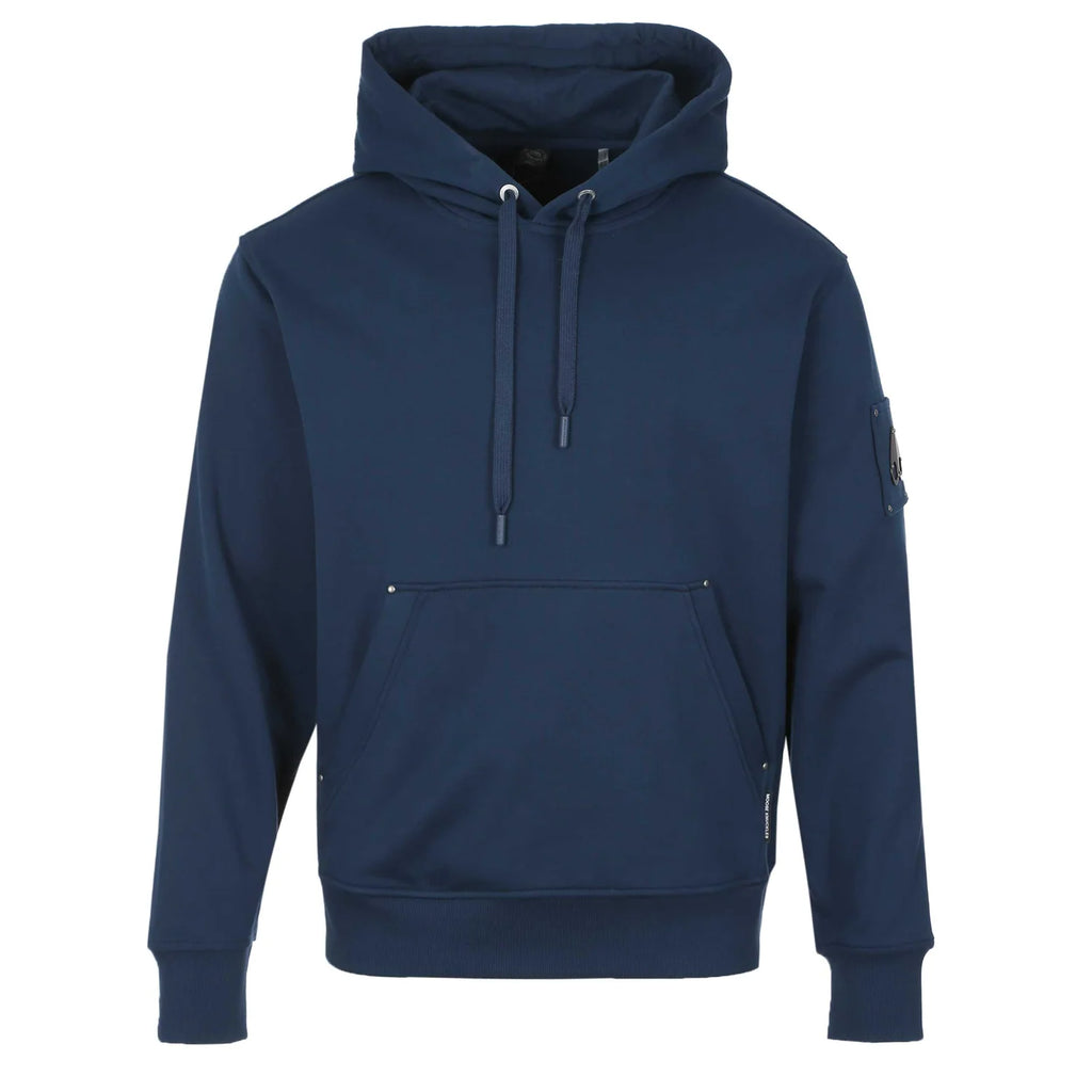 Moose Knuckles Men's Nightfall Hartsfield Pullover Hoodie – Premium Cotton Fleece Sweatshirt with Metal Logo Badge Rivet Sleeve Pocket