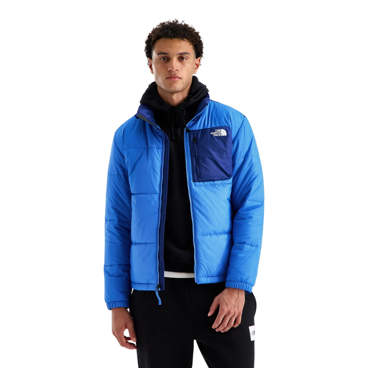 The North Face Men's Blue & Navy Diablo Down Jacket – Quilted Colorblock Puffer Coat with Chest Pocket Logo Patch