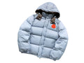 Moncler Ice Blue Hooded Puffer Jacket – Orange Logo Patch & Contrast Hood Lining