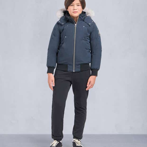 Moose Knuckles Women's Navy Blue White Fur Hood Bomber Jacket – Silver Metal Badge Rivet Studded Puffer