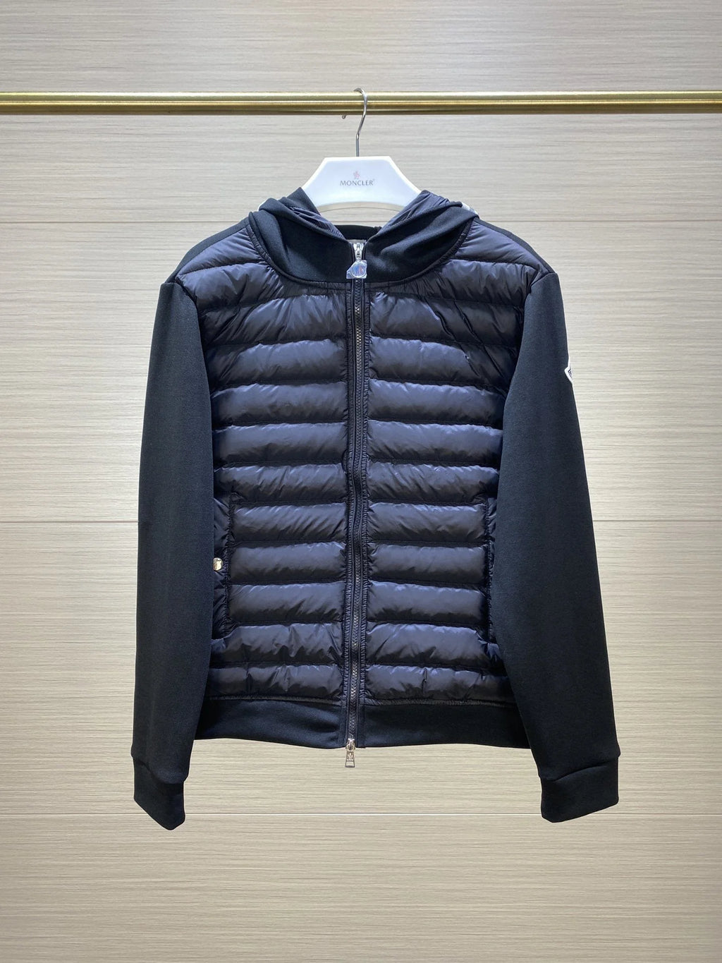 Moncler Men's Black Cardigan Zip Hoodie – Quilted Front Knit Sleeve Hybrid Jacket