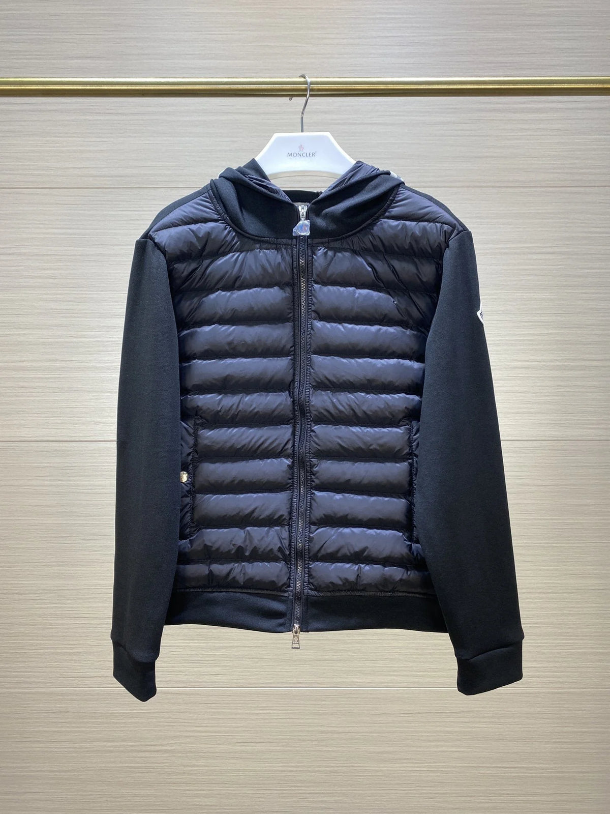 Moncler Men's Black Cardigan Zip Hoodie – Quilted Front Knit Sleeve Hybrid Jacket