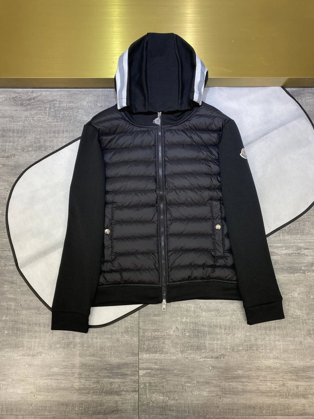 Moncler Men's Black Cardigan Zip Hoodie – Quilted Front Knit Sleeve Hybrid Jacket