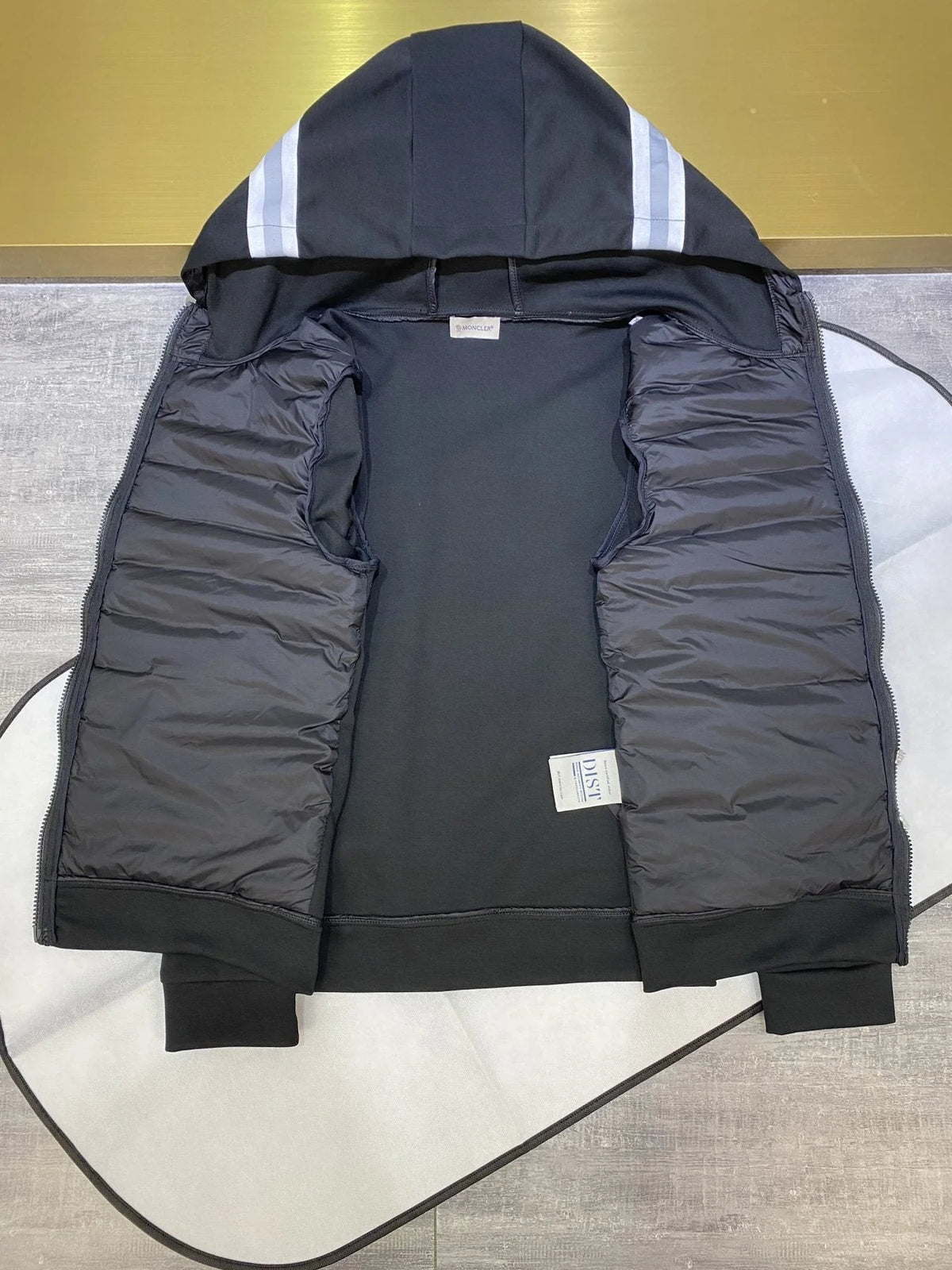 Moncler Men's Black Cardigan Zip Hoodie – Quilted Front Knit Sleeve Hybrid Jacket