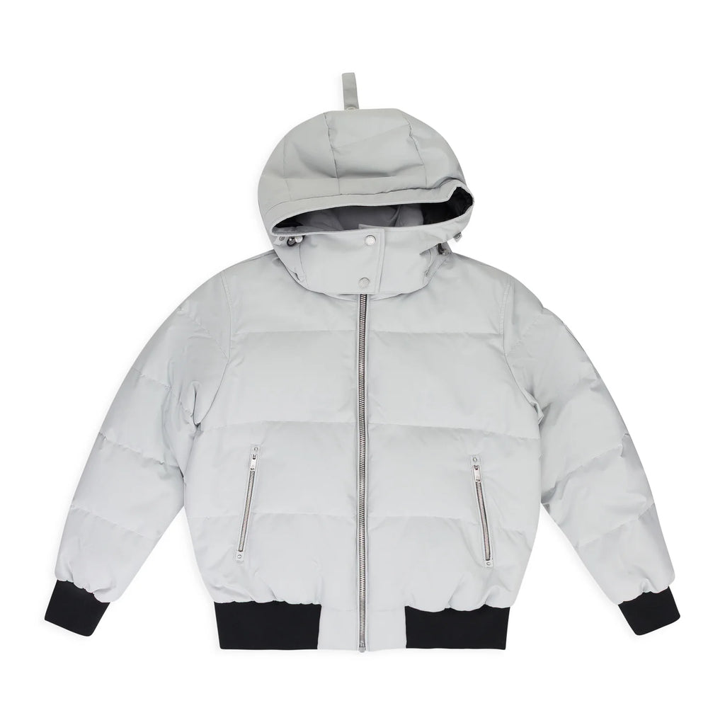 Moose Knuckles Women's Glacier Grey Ballistic Bomber Down Jacket – Quilted Hooded Puffer Coat with Signature Metal Logo Ribbed Cuffs