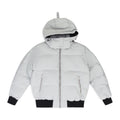 Moose Knuckles Women's Glacier Grey Ballistic Bomber Down Jacket – Quilted Hooded Puffer Coat with Signature Metal Logo Ribbed Cuffs