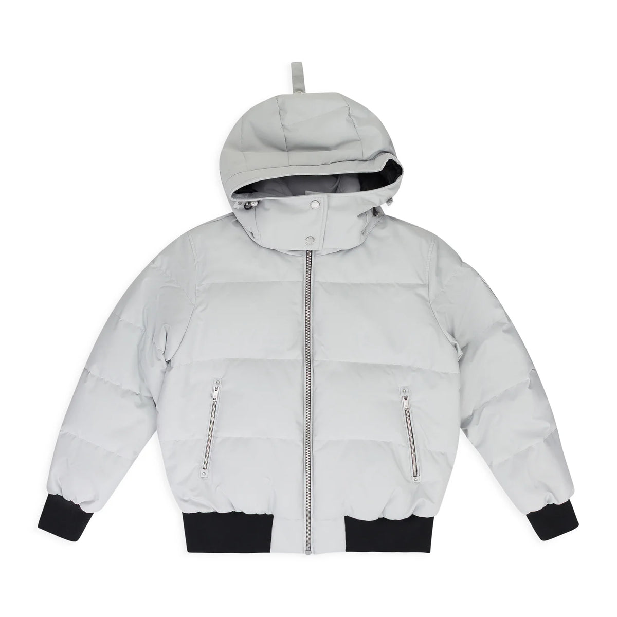 Moose Knuckles Women's Glacier Grey Ballistic Bomber Down Jacket – Quilted Hooded Puffer Coat with Signature Metal Logo Ribbed Cuffs