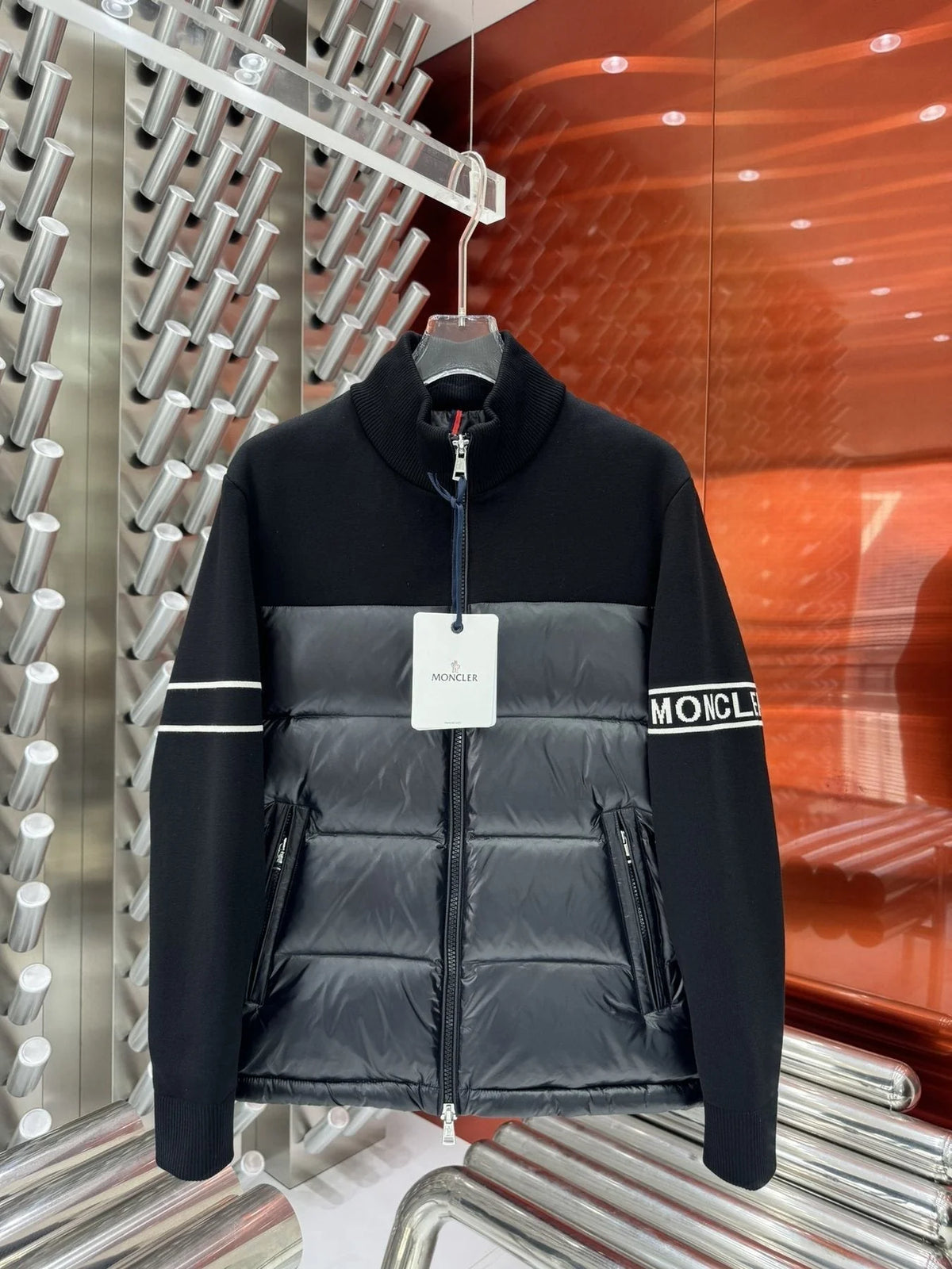 Moncler Men's Black Maricourt Knit Down Hybrid Jacket – Quilted Nylon Down Front Knit Sleeve Zip-Up Coat with Logo Stripe