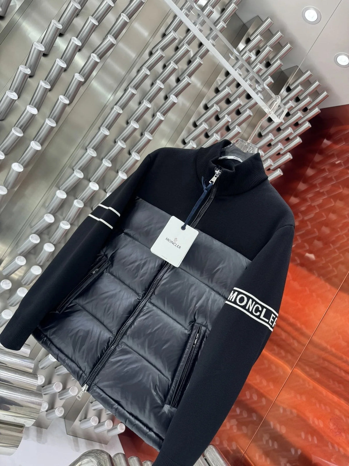 Moncler Men's Black Maricourt Knit Down Hybrid Jacket – Quilted Nylon Down Front Knit Sleeve Zip-Up Coat with Logo Stripe