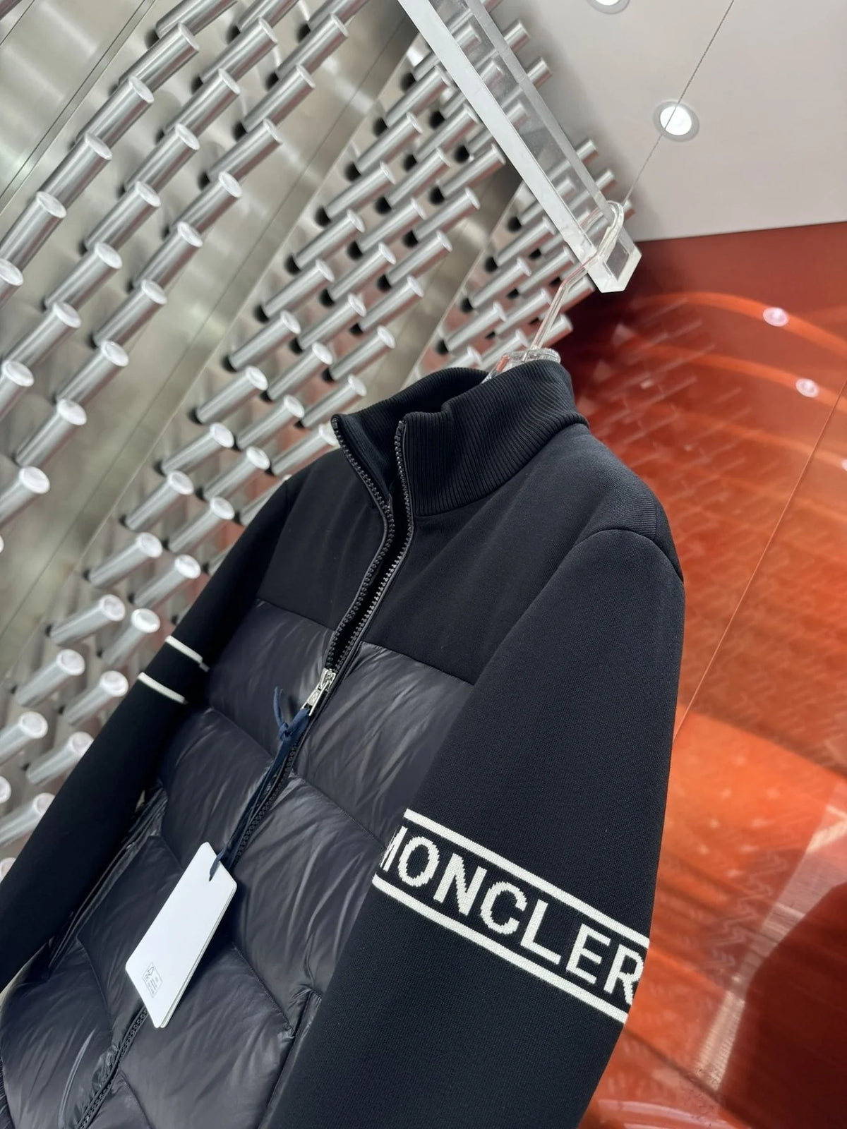 Moncler Men's Black Maricourt Knit Down Hybrid Jacket – Quilted Nylon Down Front Knit Sleeve Zip-Up Coat with Logo Stripe