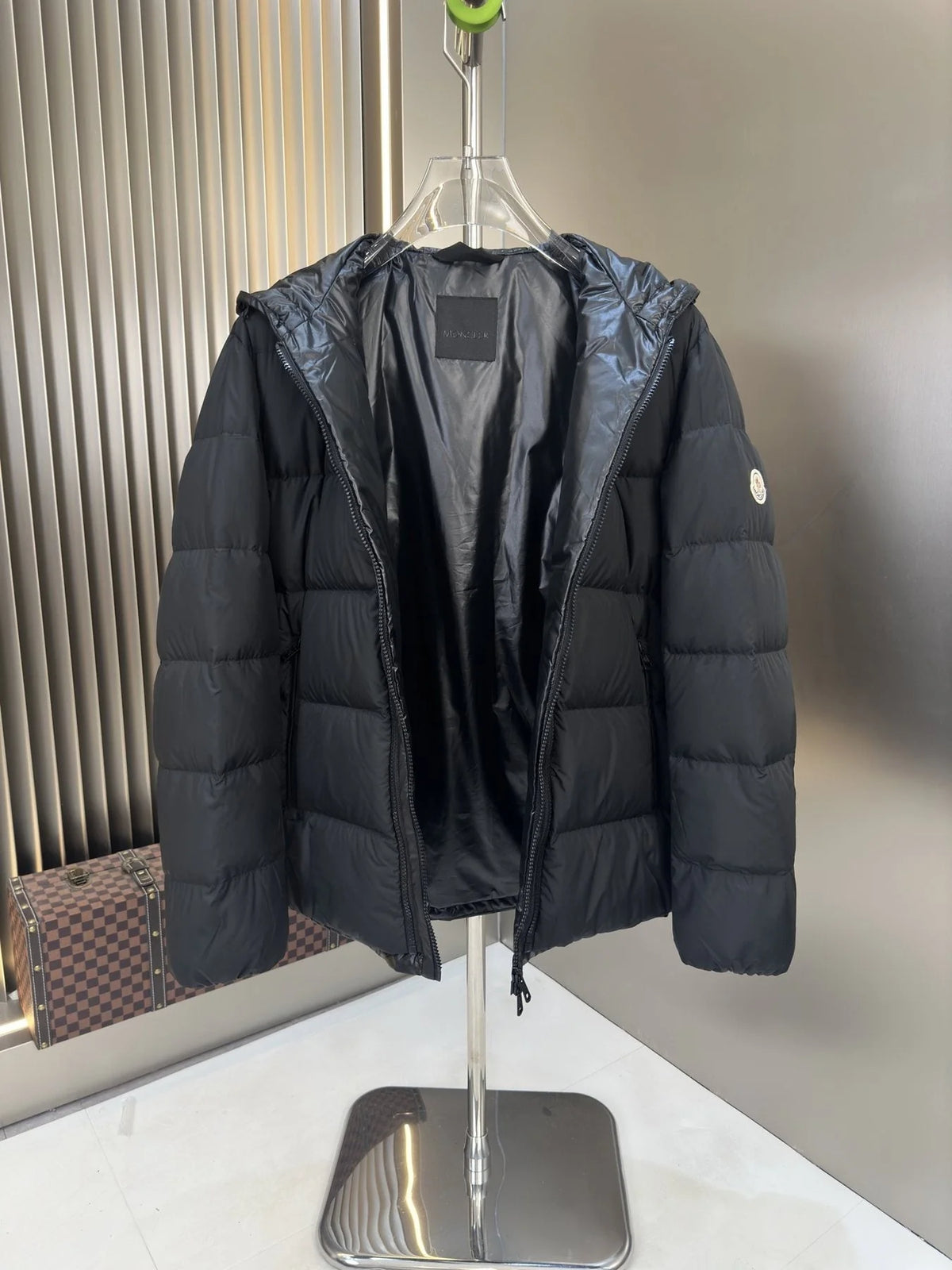 Moncler Men's Black Collarless Down Jacket – Crew Neck Slim Quilted Puffer