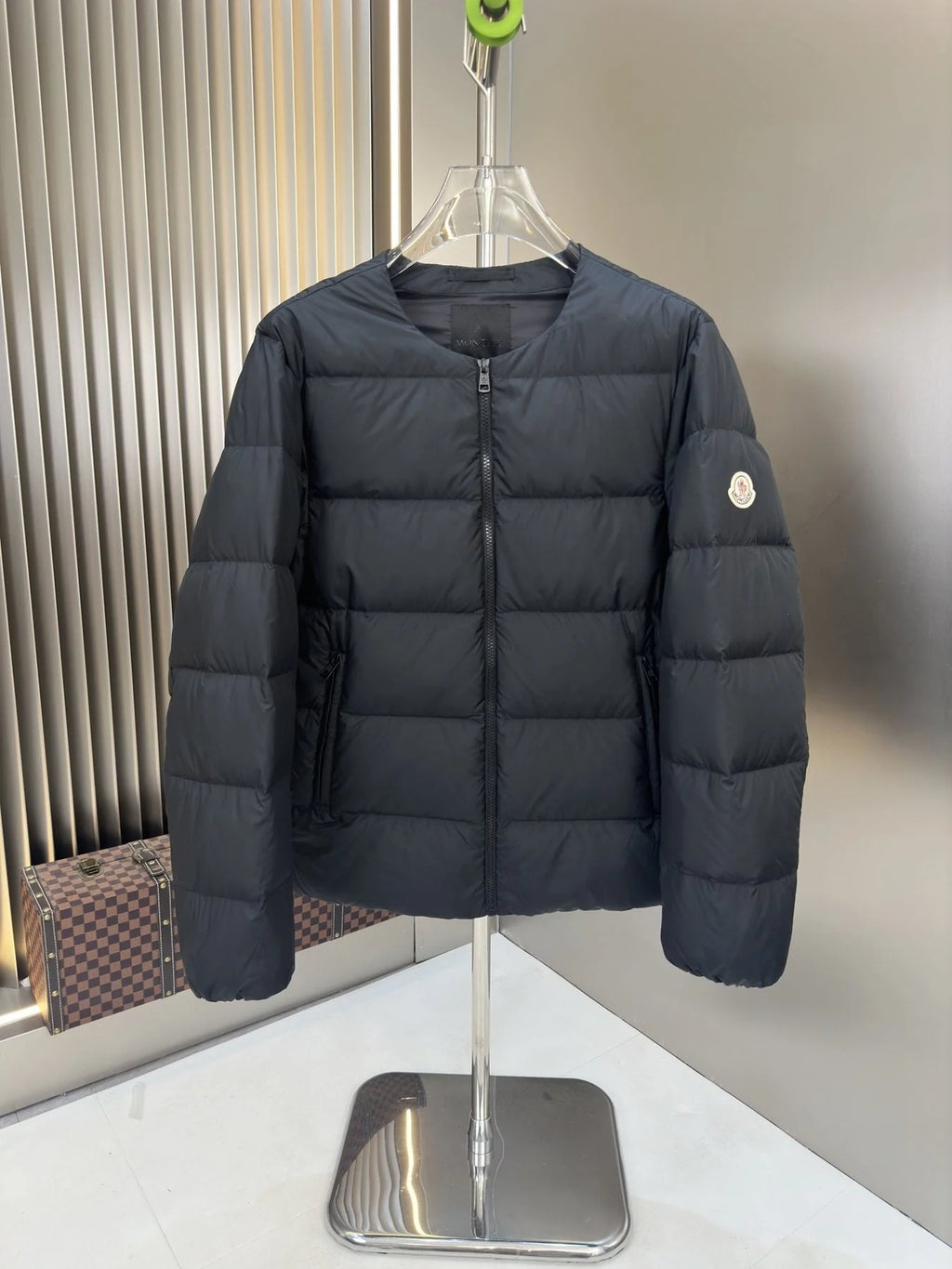 Moncler Men's Black Collarless Down Jacket – Crew Neck Slim Quilted Puffer