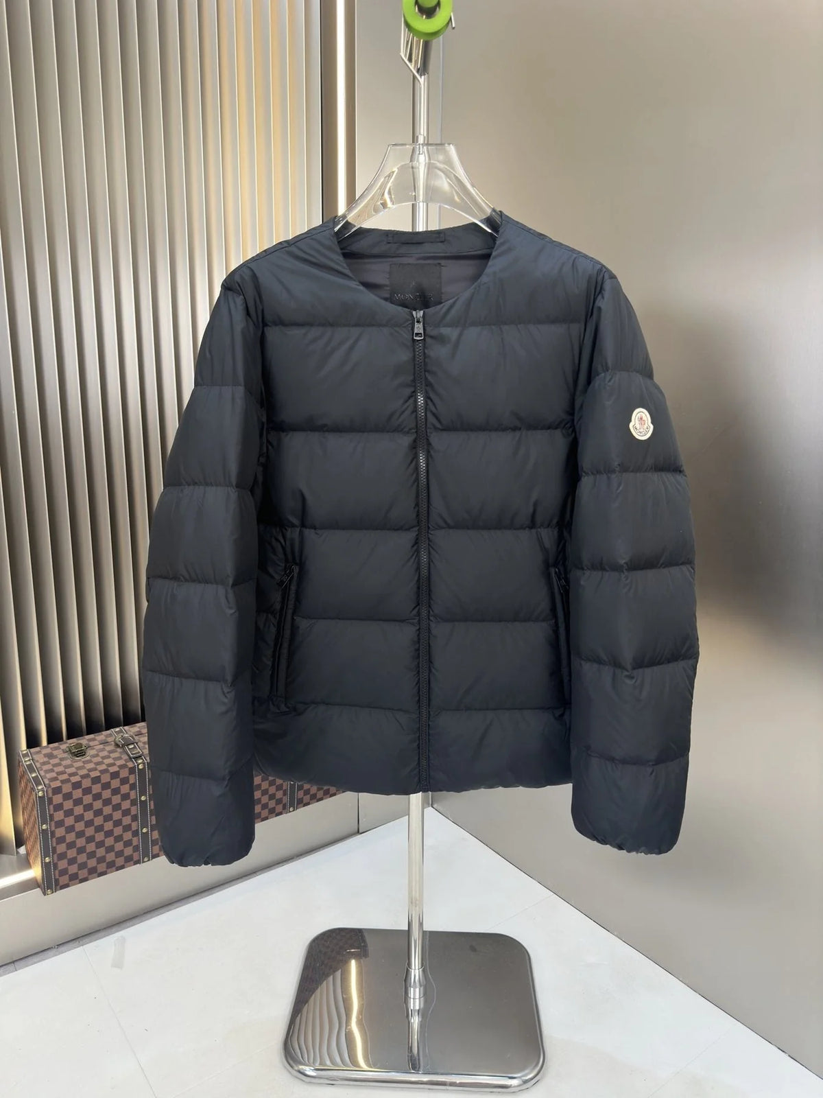 Moncler Men's Black Collarless Down Jacket – Crew Neck Slim Quilted Puffer