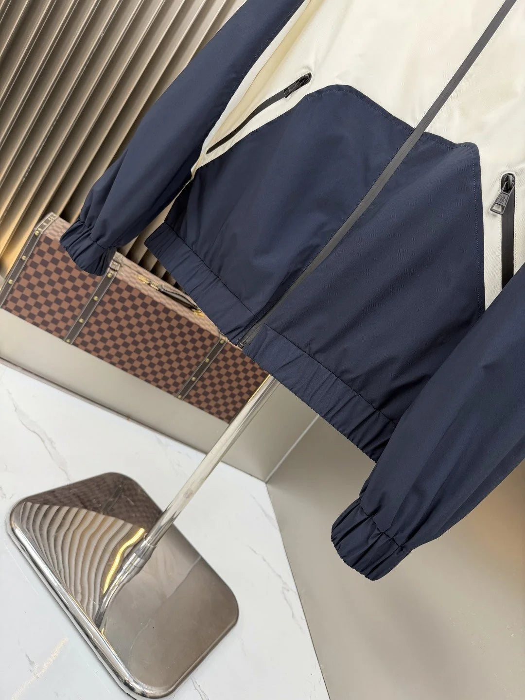 Moncler White & Navy Colorblock Hooded Lightweight Jacket – Two-Tone Nylon Zip-Up Windbreaker with Back Logo Print