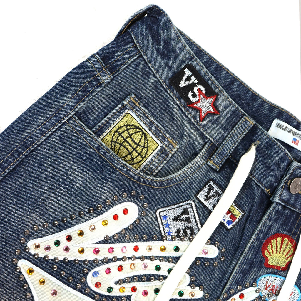 VALE SPORTS DIVISION Patch Embroidered Studded Denim Shorts