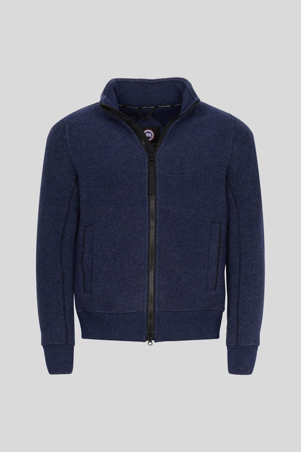 Canada Goose Men's Navy Blue Sherwood Fleece Zip Jacket – Stand Collar Full-Zip Wool-Blend Coat with Logo Badge