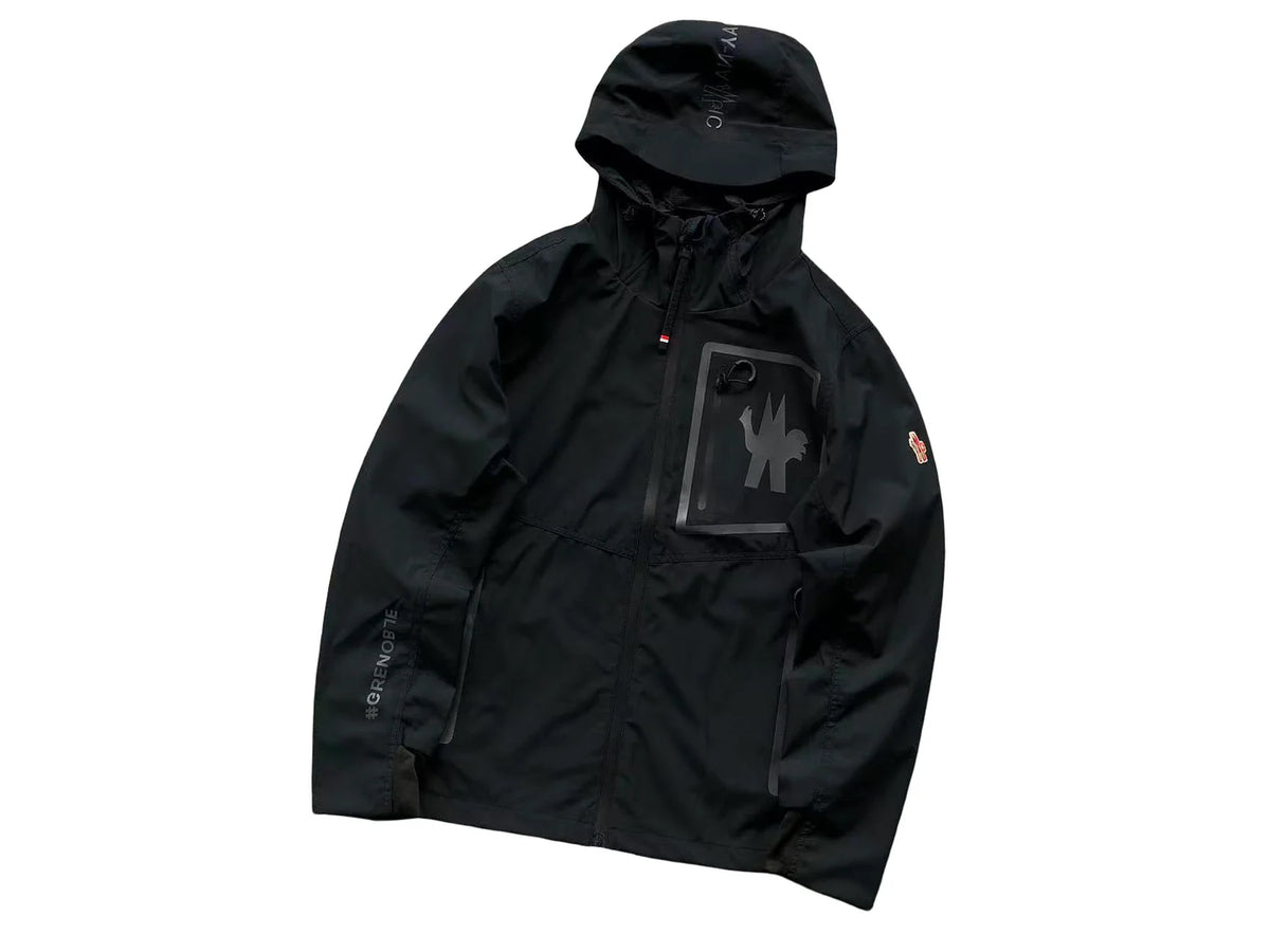 Moncler Grenoble Black Hooded Shell Jacket – Graphic Chest Panel & Zip Front