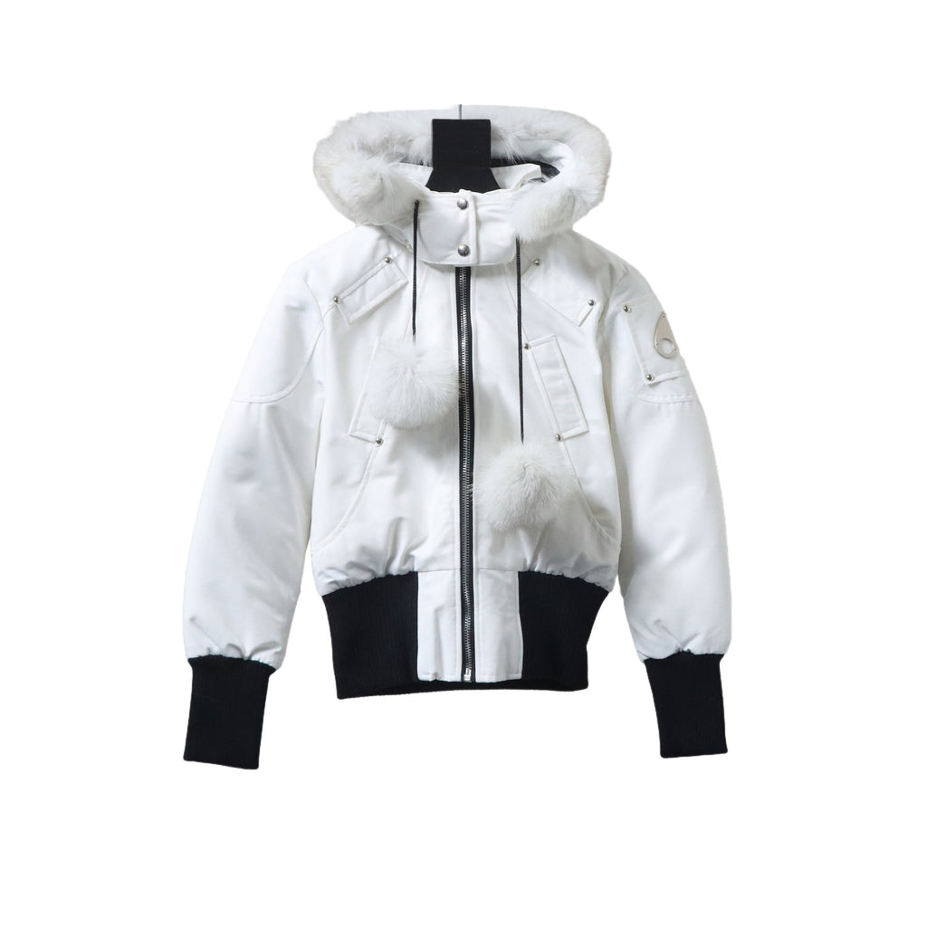 Moose Knuckles Women's White Fur Hood Bomber Jacket – Black Contrast Rib Fur Pom Studded Puffer