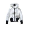 Moose Knuckles Women's White Fur Hood Bomber Jacket – Black Contrast Rib Fur Pom Studded Puffer