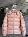 Moncler Women's Blush Pink Maya Short Down Jacket – Glossy Nylon Hooded Puffer Coat with Signature Logo Badge